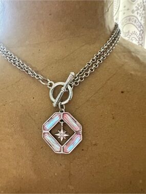 Sterling Silver Necklace with Pink Iridescent Octagon Pendant